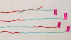 Four lengths of blue and red yarn joined together from Twinkie Chan's Invisible Yarn Joins for Knit and Crochet class on Creativebug.