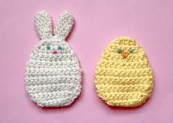 A bunny and a chick crocheted reusable egg made by Twinkie Chan in her Creativebug Live: Reusable Easter Eggs class on Creativebug