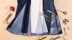 Three pairs of straight leg jeans upcycled into flare jeans by Sandra Lee Chandler in her Upcycled Denim: Side Seam Remix class on Creativebug.